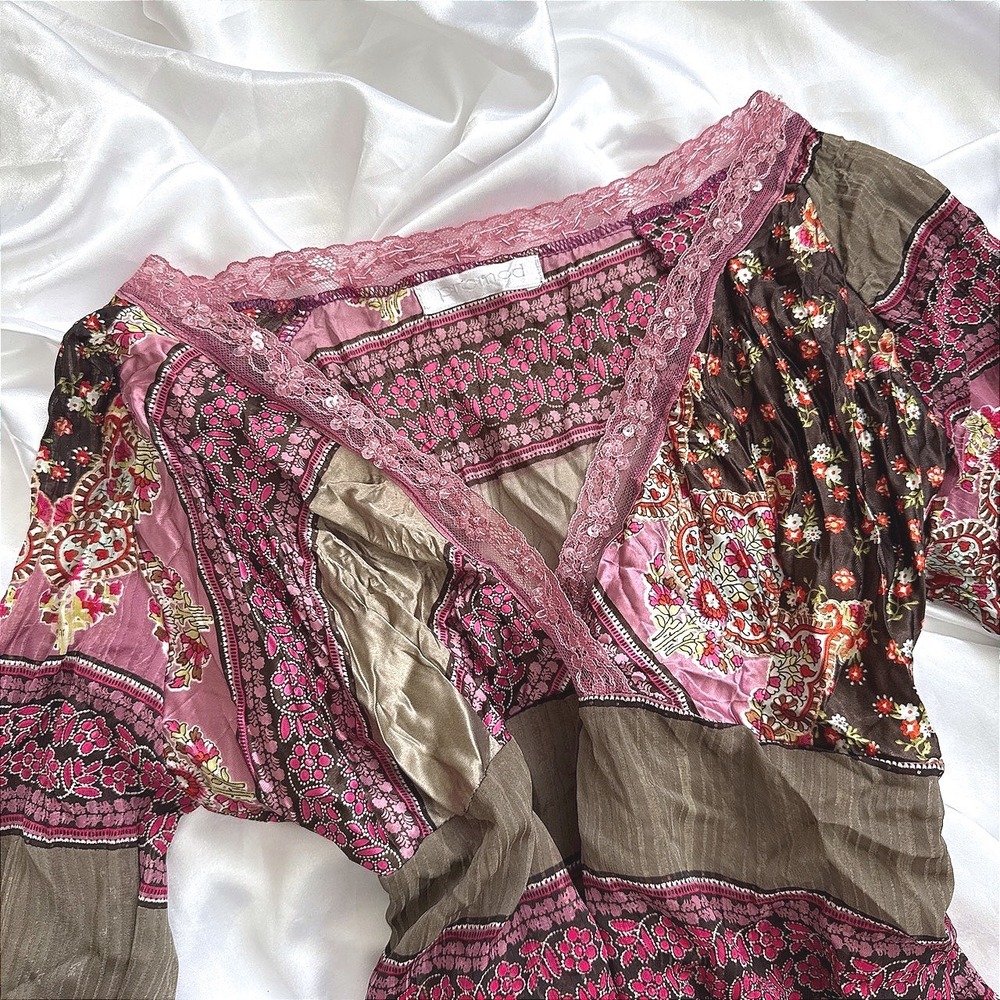 Promod Boho Patchwork Floral Paisley Lace Trim Sequin V-Neck Blouse Pink Olive